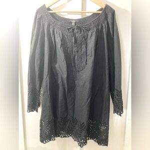 ELLOS 100% cotton blouse eyelet embroidery keyhole tie string front 2X